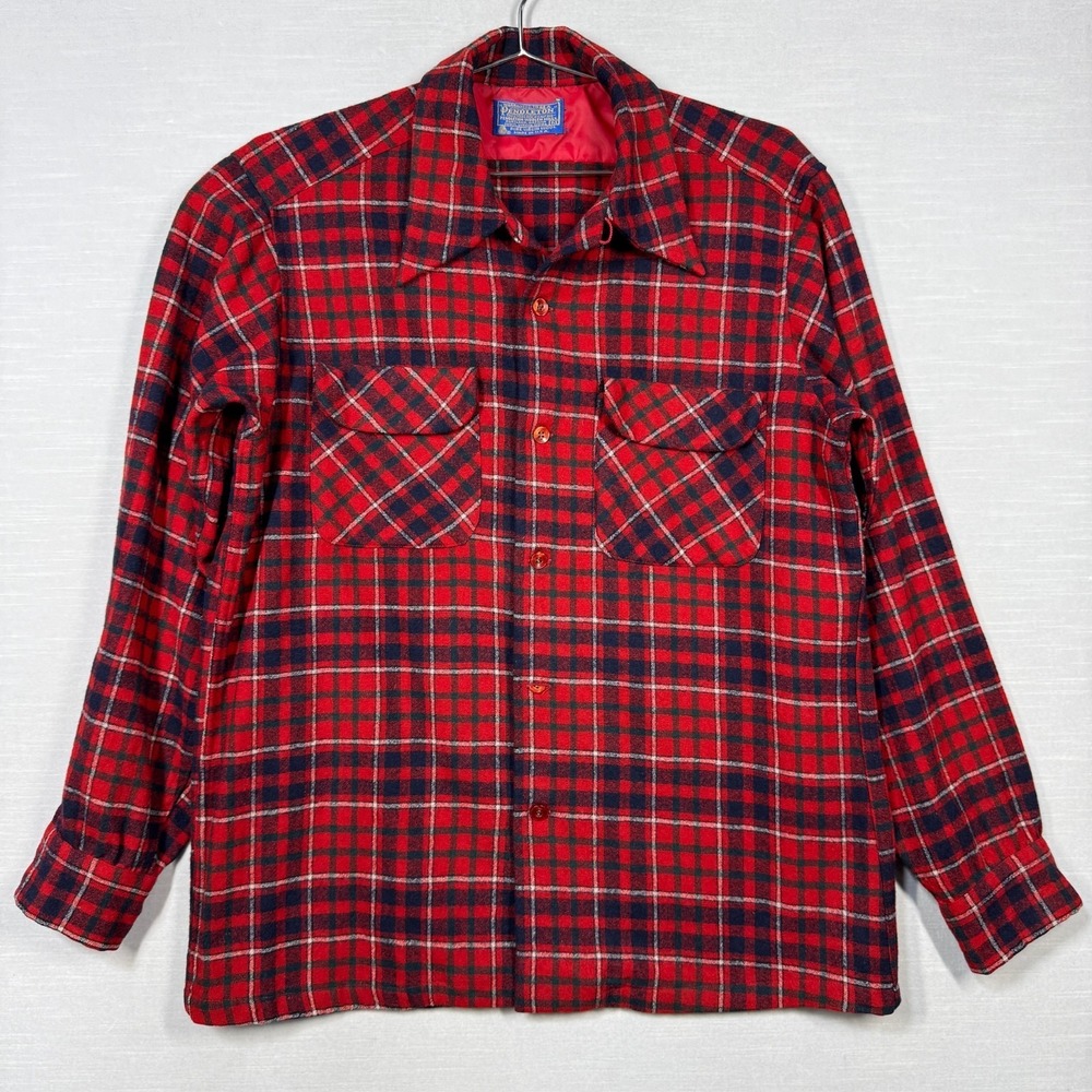 Vintage Pendleton Board Shirt Men M Red Blue Flap Pocket Loop Dagger Collar READ